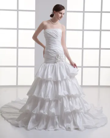 Taffeta Ruffle Flower Strapless Court Train Tiered Mermaid Wedding Dress