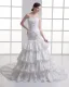 Taffeta Ruffle Flower Strapless Court Train Tiered Mermaid Wedding Dress