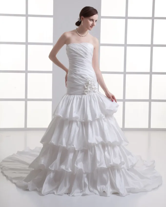 Taffeta Krusning Blomst Stroppelos Domstol Tog Lagdelt Havfrue Brudekjoler Bryllupskjoler