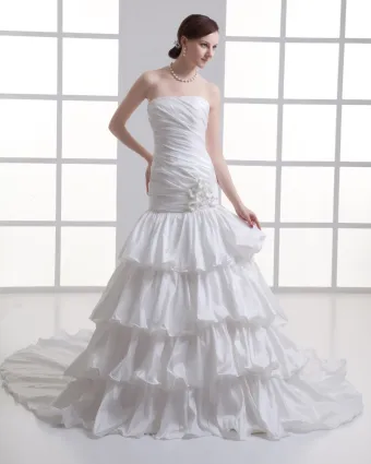 Taffeta Krusning Blomst Stroppelos Domstol Tog Lagdelt Havfrue Brudekjoler Bryllupskjoler