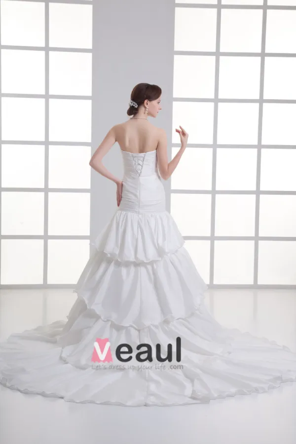 Taffeta Ruffle Flower Strapless Court Train Tiered Mermaid Wedding Dress