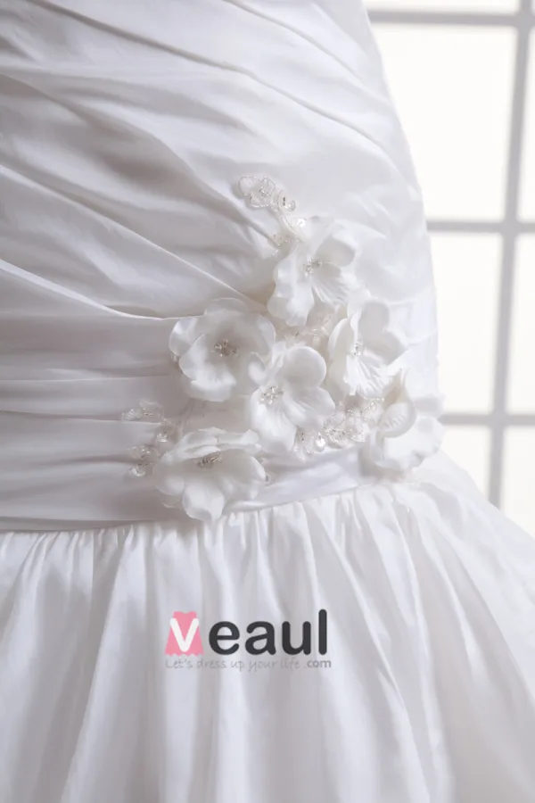 Taffeta Ruffle Flower Strapless Court Train Tiered Mermaid Wedding Dress