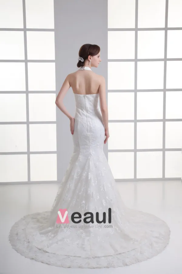 Taffeta Ruffle Flower Strapless Court Train Tiered Mermaid Wedding Dress