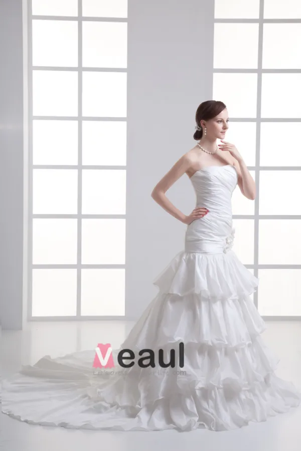 Taffeta Ruffle Flower Strapless Court Train Tiered Mermaid Wedding Dress