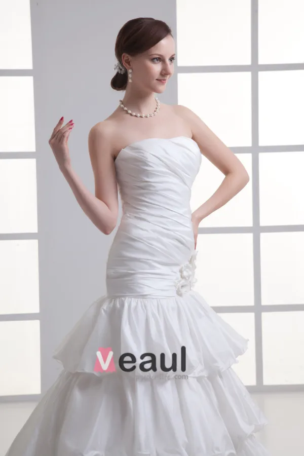 Taffeta Ruffle Flower Strapless Court Train Tiered Mermaid Wedding Dress
