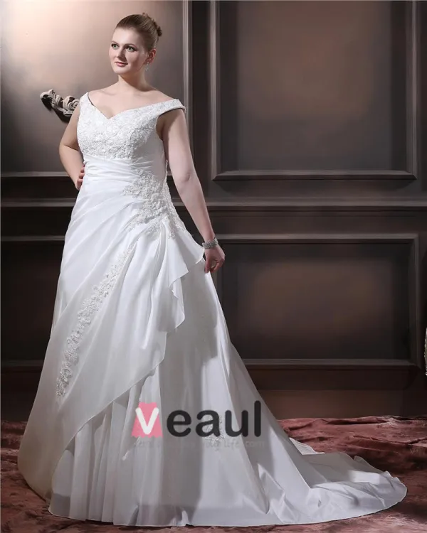 Taffeta Beading Applique V Neck Court Plus Size Bridal Gown Wedding Dress