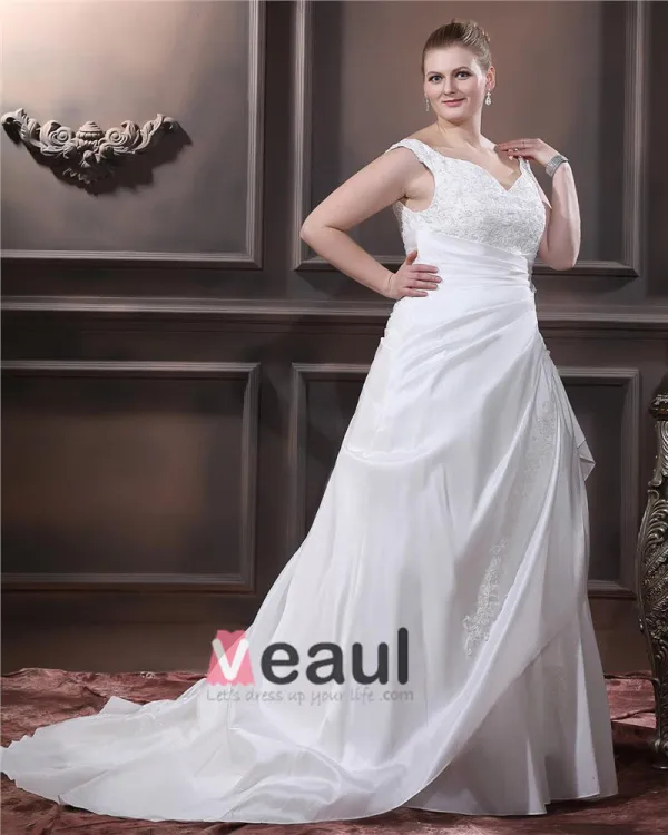 Taffeta Beading Applique V Neck Court Plus Size Bridal Gown Wedding Dress