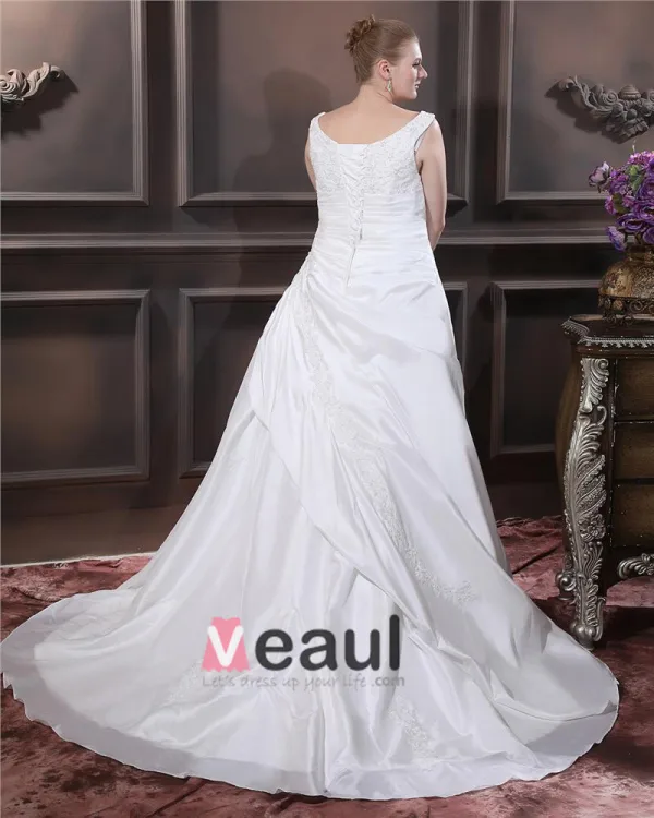 Taffeta Beading Applique V Neck Court Plus Size Bridal Gown Wedding Dress