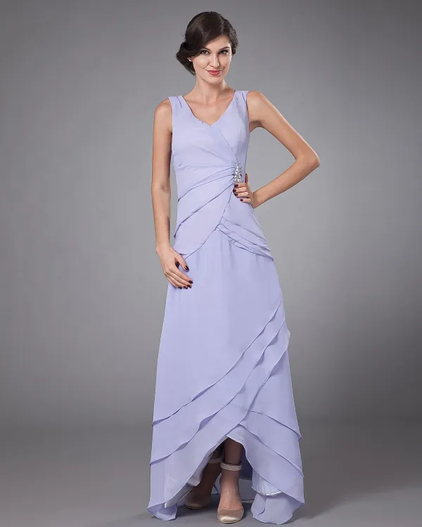 V Neck Layered Chiffon Ankle Length Mothers of Bride Guests Dresses