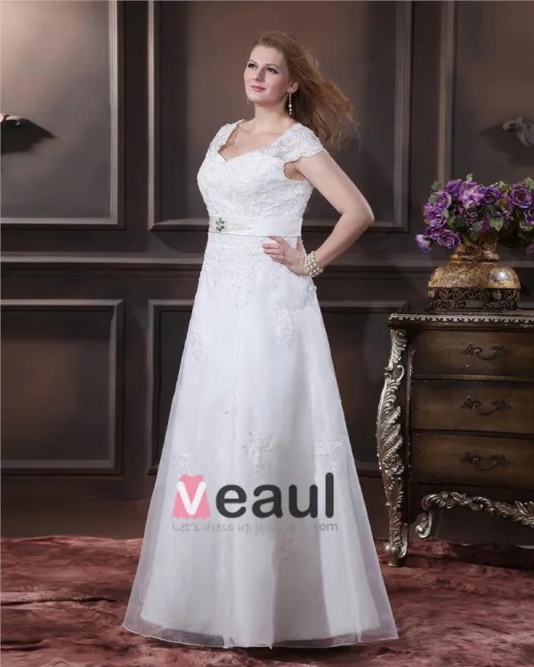 Yarn Applique Beading V Neck Floor Length Plus Size Bridal Gown Wedding Dress