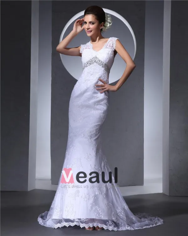 V Neck Beading Applique Floor Length Woman Mermaid Wedding Dress