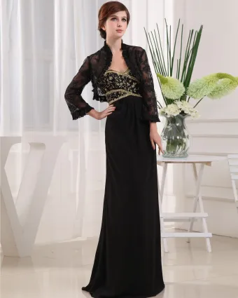 Sweetheart Long Sleeve Zipper Embroidery Beading Floor Length Chiffon Lace Mother Of The Bride Dress