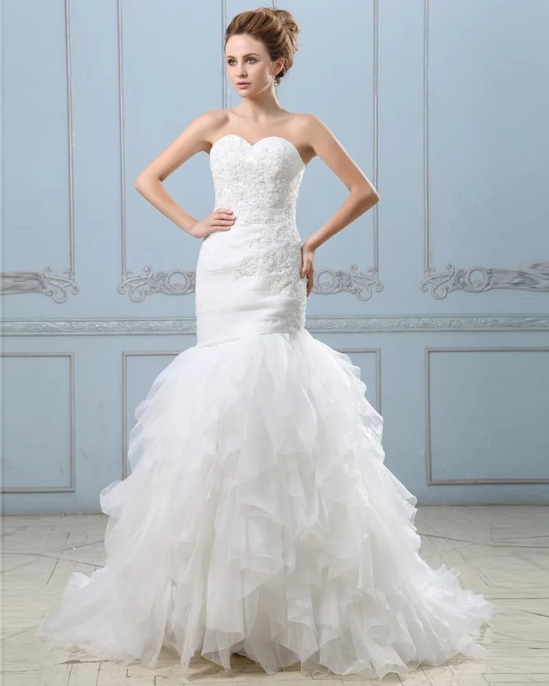 Ruffle Applikasjon Beading Sateng Organza Glidelas Havfrue Brudekjoler Bryllupskjoler