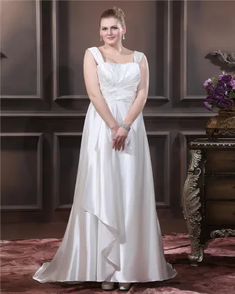 Charmeuse Beading Applikationer Kvadratisk Hals Svep Plus Size Bröllopsklänningar Brudklänningar