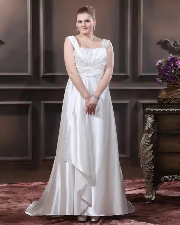 Charmeuse Beading Applikationer Kvadratisk Hals Svep Plus Size Bröllopsklänningar Brudklänningar