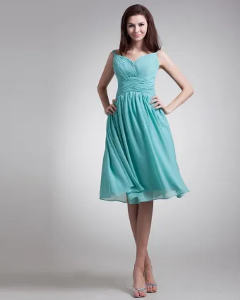 Chiffon Ruches Spaghettibandjes Knie Lengte Bruidsmeisjes Jurken