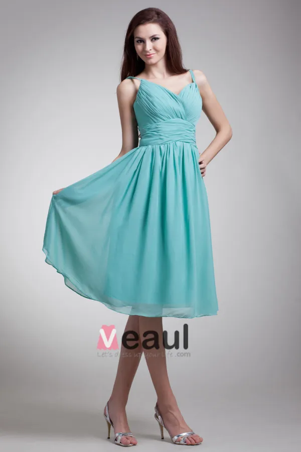 Chiffon Ruffle Spaghetti Straps Knee Length Bridesmaid Dress