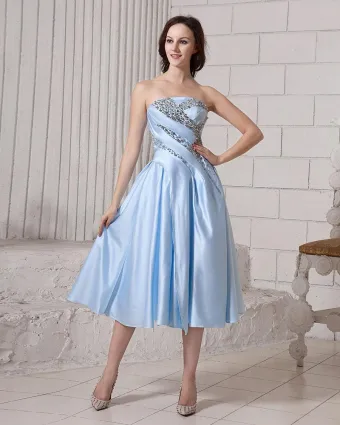Ruffle Beading Strapless Zipper Elastic Satin Women Cocktail Dress