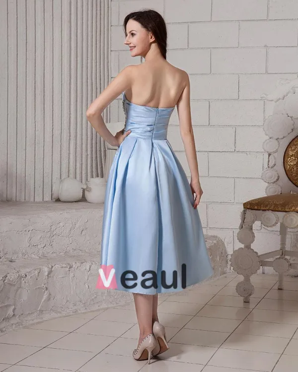 Ruffle Beading Strapless Zipper Elastic Satin Women Cocktail Dress