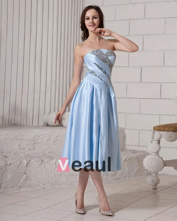 Ruffle Beading Strapless Zipper Elastic Satin Women Cocktail Dress