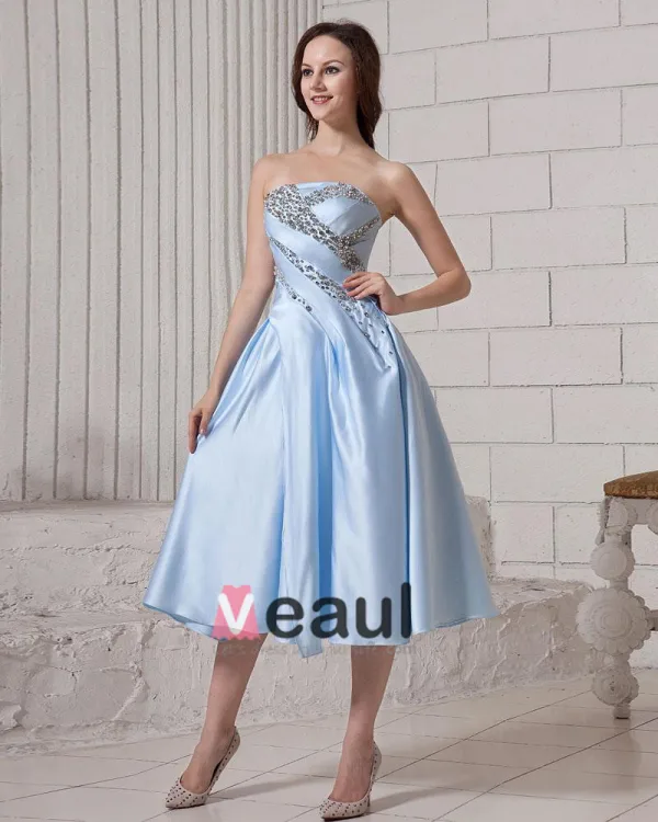 Ruffle Beading Strapless Zipper Elastic Satin Women Cocktail Dress