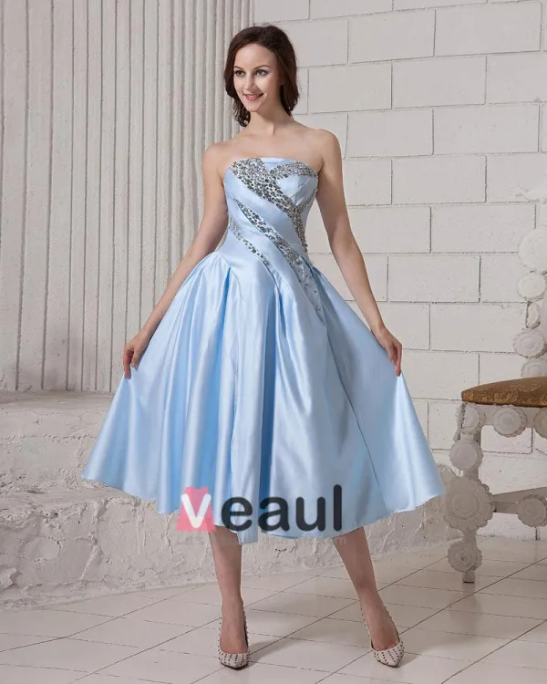 Ruffle Beading Strapless Zipper Elastic Satin Women Cocktail Dress