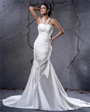 Elegant Satin Plisse Applique Halter Longueur Robe De Mariée Fourreau