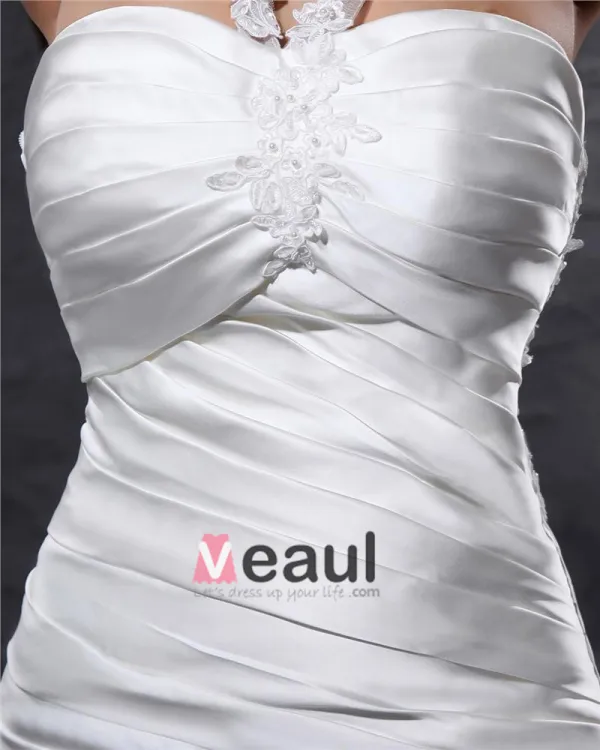 Elegant Satin Plisse Applique Halter Longueur Robe De Mariée Fourreau
