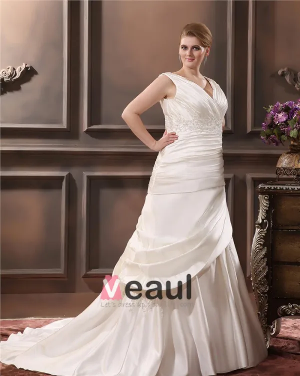 Satin V-Neck Beading Chapel Train Empire Plus Size Wedding Dresses