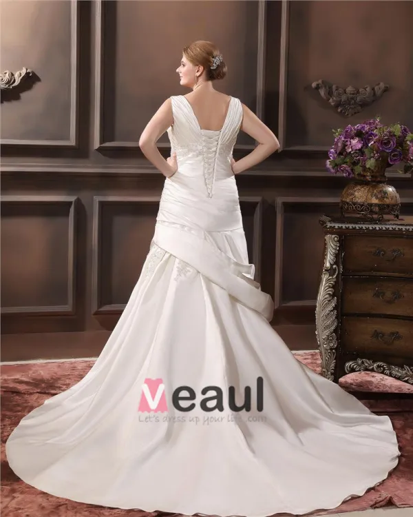 Satin V-Neck Beading Chapel Train Empire Plus Size Wedding Dresses