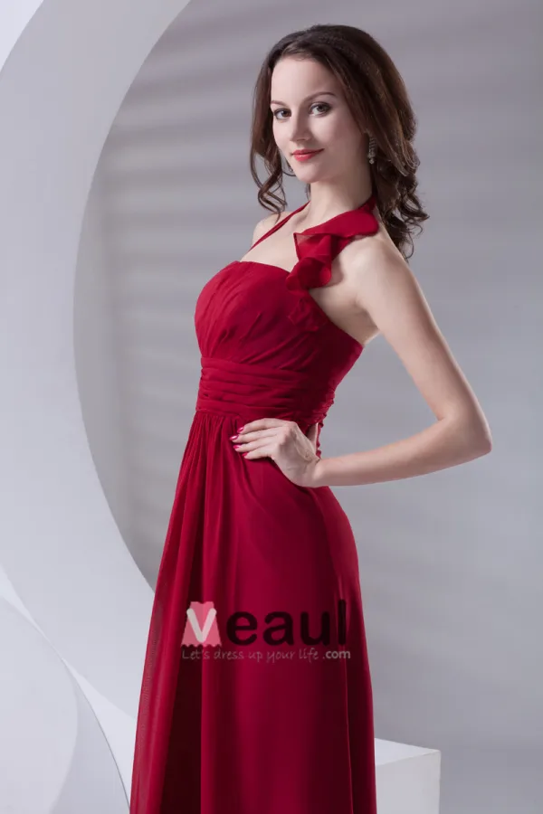 Fashion Halter Floor Length Ruffle Chiffon Bridesmaid Dress
