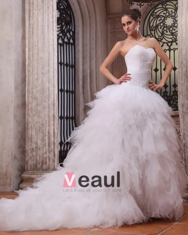 Tulle Perlage Arrangements Floraux Cathedrale Train Robes De Mariage De Robe