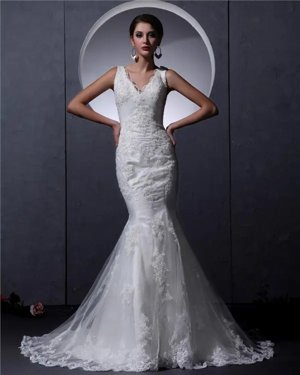 Ruffle Beaded Lace Shoulder Straps Court Mermaid Bridal Gown Wedding Dresses