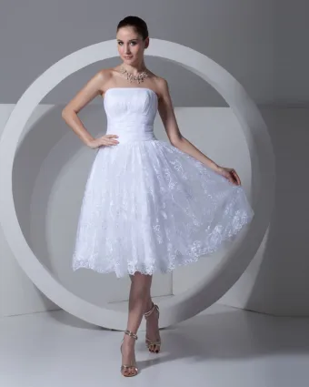 Dentelle Satin Fleur Bretelles A Volants Longueur Mini Robe De Mariée Plissee De The