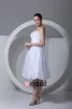 Spitze-satin-blumen-rüsche Trägerlosen Tee-länge Faltete Kurz Brautkleider Mini