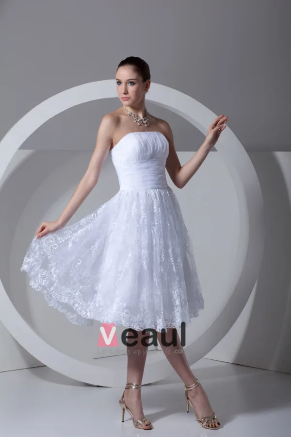 Dentelle Satin Fleur Bretelles A Volants Longueur Mini Robe De Mariée Plissee De The