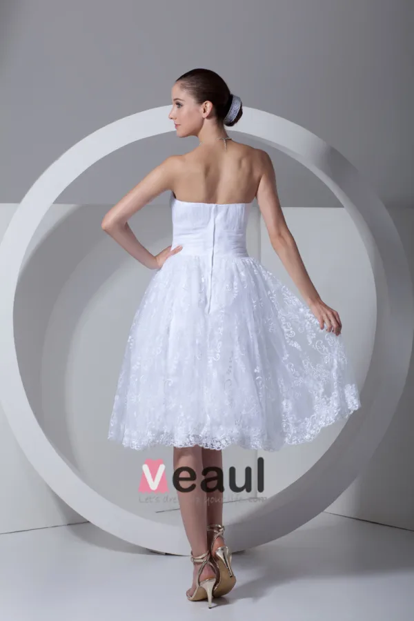 Dentelle Satin Fleur Bretelles A Volants Longueur Mini Robe De Mariée Plissee De The