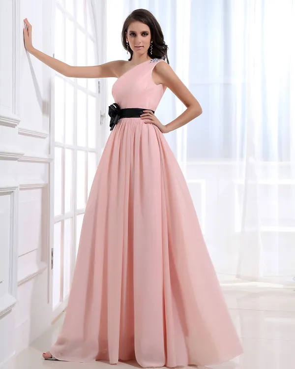 Sloping Neckline Floor Length Beading Flower Empire Pleated Chiffon Woman Evening Party Dress