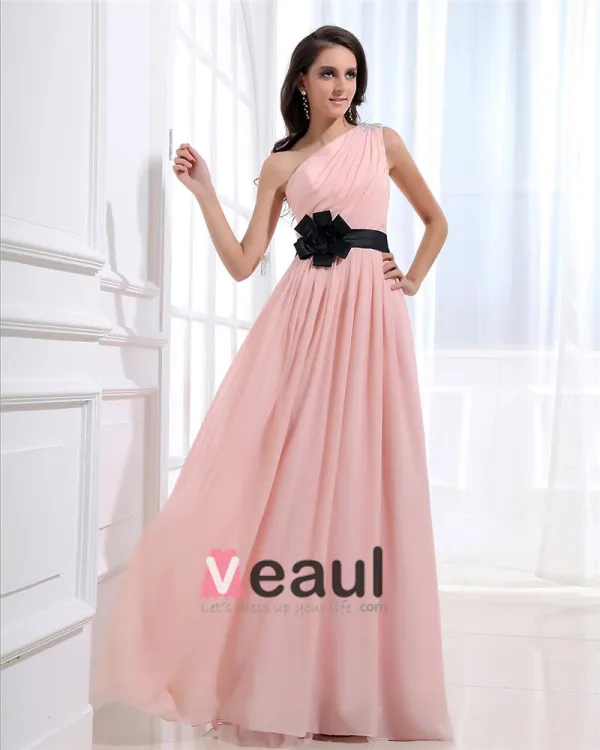 Sloping Neckline Floor Length Beading Flower Empire Pleated Chiffon Woman Evening Party Dress