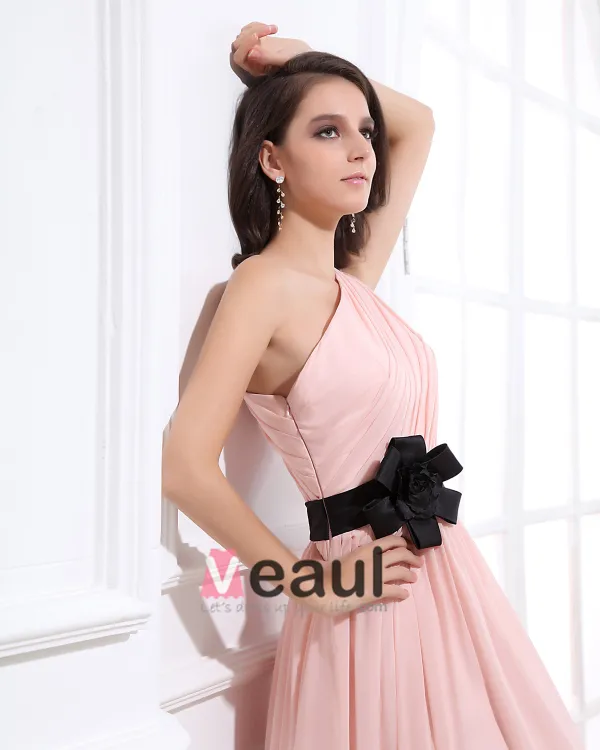 Sloping Neckline Floor Length Beading Flower Empire Pleated Chiffon Woman Evening Party Dress