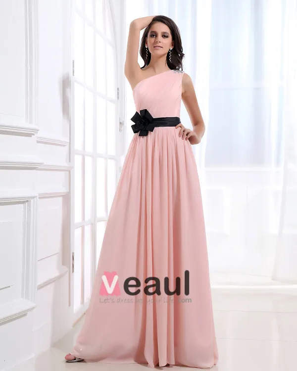 Sloping Neckline Floor Length Beading Flower Empire Pleated Chiffon Woman Evening Party Dress