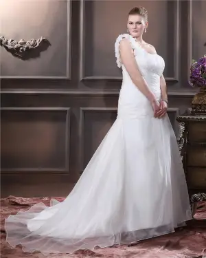 Taffeta Hand Flower Ruffle One Shoulder Plus Size Bridal Gown Wedding Dresses