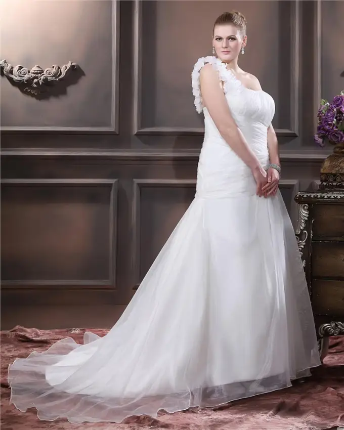 Taffeta Hand Blomst Krusning En Skulder Pluss Storrelsen Brudekjoler Bryllupskjoler