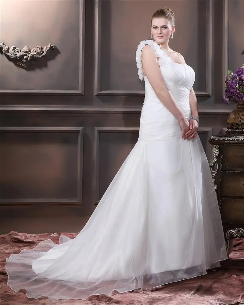 Taffeta Hand Blomst Krusning En Skulder Pluss Storrelsen Brudekjoler Bryllupskjoler