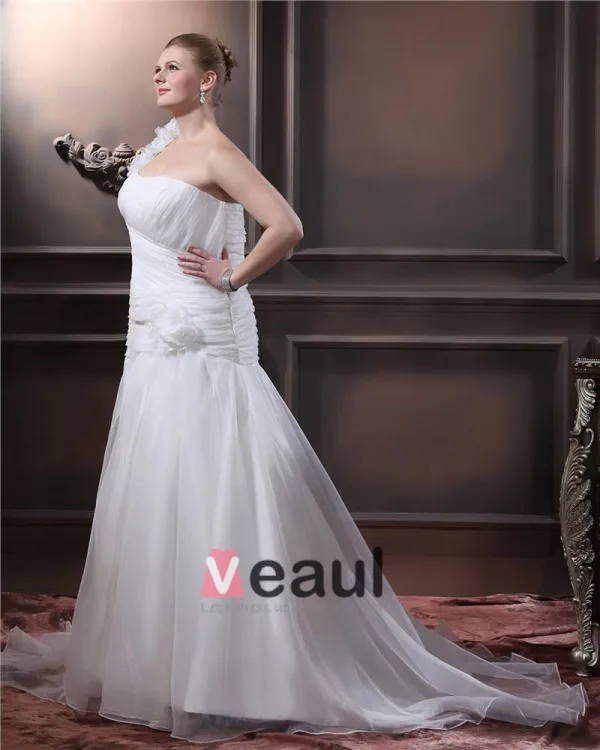 Taffeta Hand Flower Ruffle One Shoulder Plus Size Bridal Gown Wedding Dresses