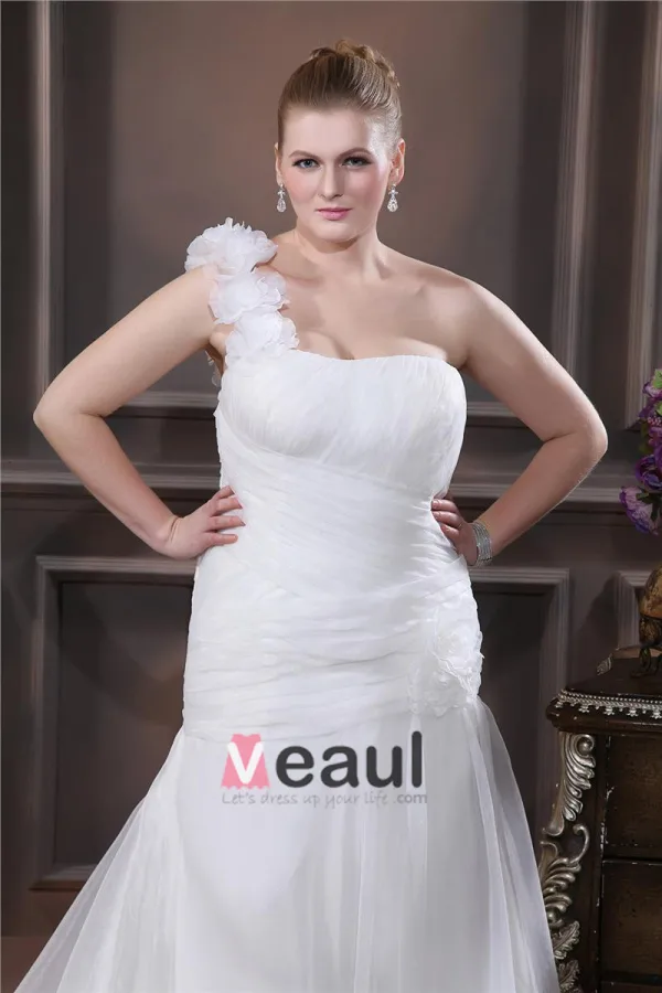 Taffeta Hand Flower Ruffle One Shoulder Plus Size Bridal Gown Wedding Dresses