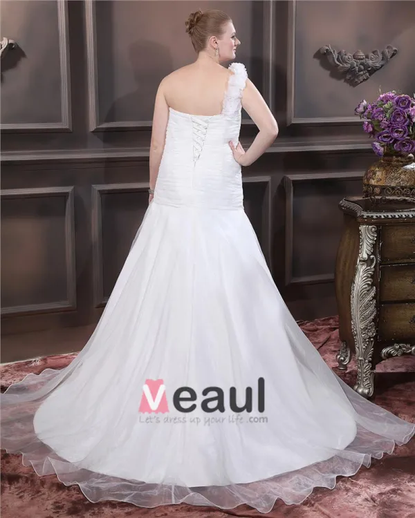 Taffeta Hand Flower Ruffle One Shoulder Plus Size Bridal Gown Wedding Dresses