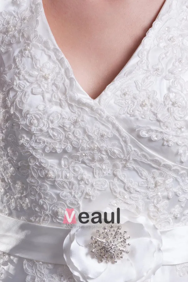 Satin Flower Applique V Neck Court Train Sheath Wedding Dress