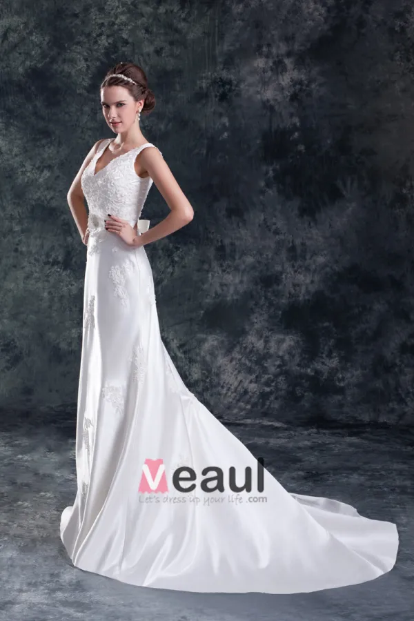 Satin Flower Applique V Neck Court Train Sheath Wedding Dress