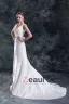 Satin Flower Applique V Neck Court Train Sheath Wedding Dress